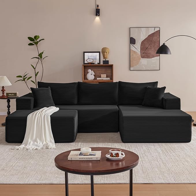 Mangodan 110” Cloud Sectional Couch, Boneless Sofa for Living Room, Modular Sectional Sofa with Deep Seat, Comfy Fluffy U-Shaped Couch with Right-Facing Chaise, No Assembly Required, Black