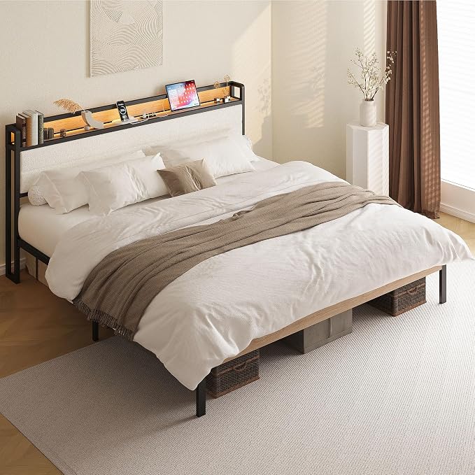 LIKIMIO King Size Bed Frame, Storage Headboard with LED Lights and Charging Station, Metal Platform Bed No Box Spring Needed, Noise Free, Under Bed Storage, Natural and Cream