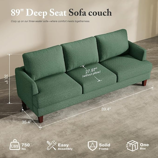 Busaurus 3 Seater Sofa Couch with Deep Seats, 89" Mid Century Modern Upholstered Sofa with Armrests, Comfy Couches for Living Room, Bedroom, Apartment and Office (Green)