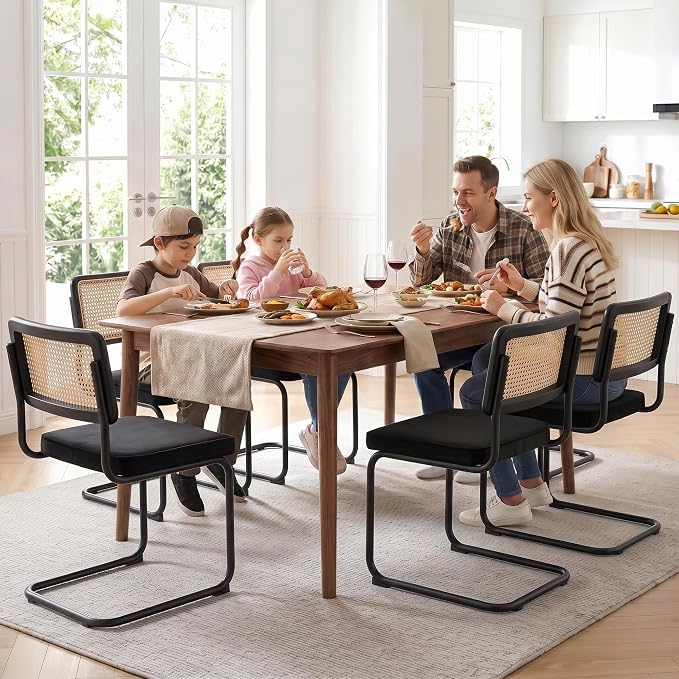 Zesthouse Natural Rattan Dining Chairs Set of 2, Modern Dining Room Chairs with Solid Wood Back for Kitchen Living Room, Mid Century Breuer Design Inspired, Upholstered Velvet Fabric, Black