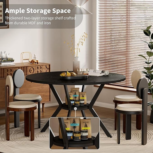 Black Dining Table for 2-4, 42 Inch Round Kitchen Table with Storage, Wooden Circle Dinner Table with Metal Legs, Rustic Mid Century Modern Dining Room Tables for Kitchen, Living Room, Dining Room