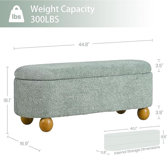 VKNOW 44.8" Storage Ottoman Bench End of Bed Bench, Thickened Upholstered Blanket Chest for Living Room, Entryway Bench with Cute Spherical Solid Wood Stool Legs for Bedroom, Light Green