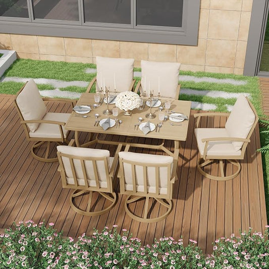 HAPPATIO 7 Piece Patio Swivel Dining Set, Aluminum Outdoor Dining Set for 6,Dining Table and Chairs Set, Patio Dining Furniture with Aluminum Table, Swivel Chairs and Washable Cushions (Beige)