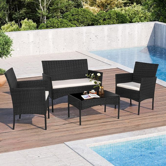 Shintenchi 4 Piece Outdoor Patio Furniture Sets, Small Wicker Patio Conversation Furniture Rattan Chair Set with Tempered Glass Coffee Table for Backyard Porch Garden Poolside Balcony,Black