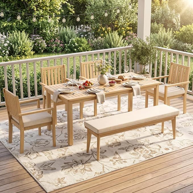 FansaFurn 6 Pieces Acacia Outdoor Patio Table and Chairs Set for 6, Outdoor Dining Table Set with Cushion, Modern Outdoor Patio Furniture Set for Backyard Garden Deck Lawn, Beige