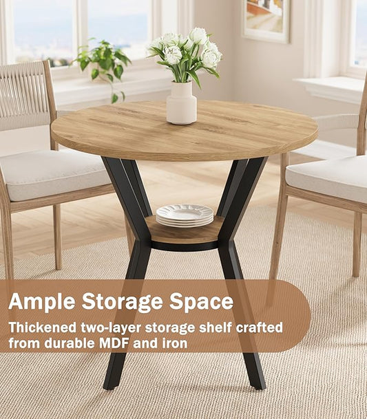 Round Kitchen Tables for 2-4, 31.5" Small Dining Tables with Storage, Rustic Wood Circle Dinner Table with Metal Leg, Farmhouse Dinner Table for Small Space, Dining Room, Kitchen, Office, Apartment