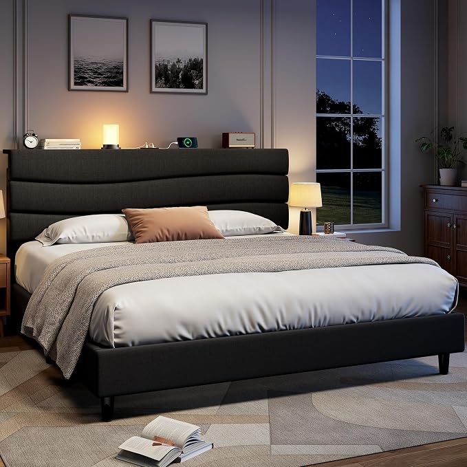 EnHomee King Size Platform Bed Frame with Headboard, Adjustable Height Wooden Slats,Charging Stations,Noise-Free, No Box Spring Needed,Easy Assembly,Black