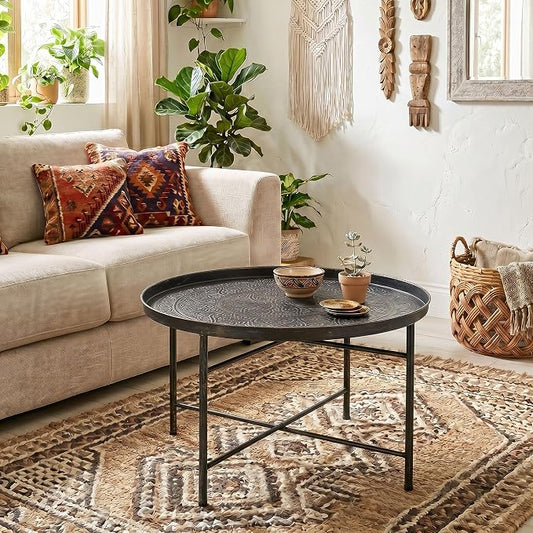 HOMCOM 24" Round Coffee Table with Hammered Tray Top, Vintage Metal Center Table for Living Room, Bedroom, Side Table, Pewter