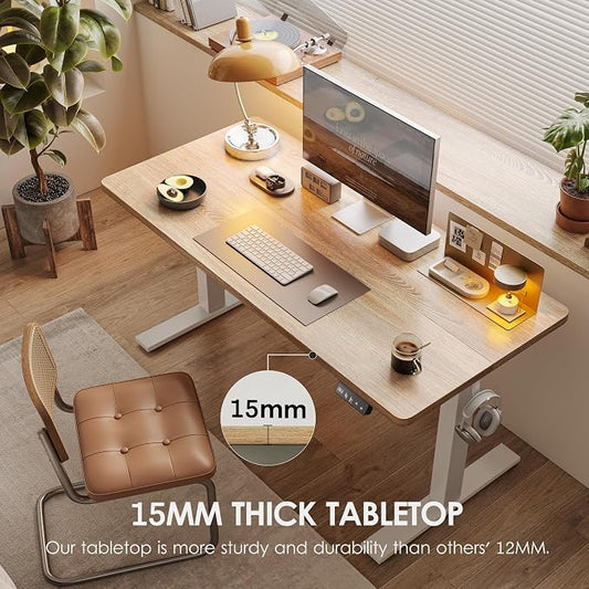 TIQLAB Height Adjustable Electric Standing Desk, 55 x 24 inch, Sit Stand Up Desk, Splice Board, Computer Home Office Desk, White Frame/Maple Top