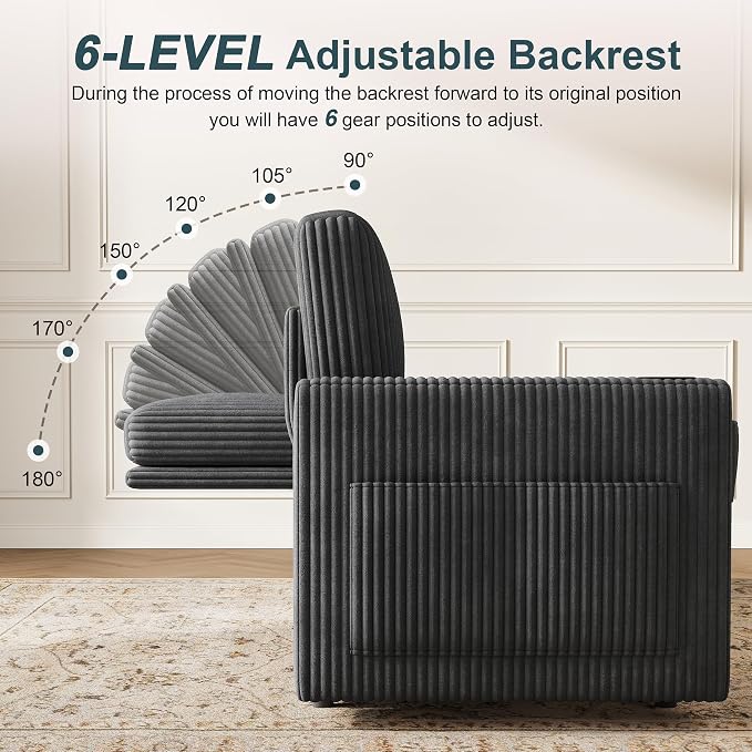 Sectional Sleeper Sofa with Pull Out Bed, Plush Corduroy Sectional Sofa with Storage Chaise and Adjustable Backrest, Cloud Sectional Couches for Living Room, Apartment, Dark Grey