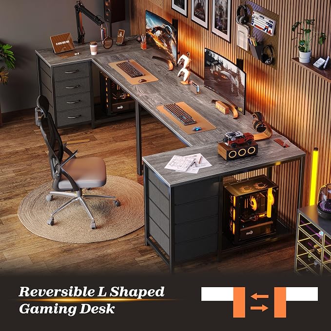 PRAISUN 43.3" Small Computer Desk with Power Outlets & USB-C Port, Reversible L Shaped Corner Office Desk with 4 Fabric Drawers and 2 Adjustable Storage Shelves, for Gaming Writing, Grey