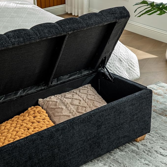60.2" Storage Bench, End of Bed Storage Benches, Chenille Fabric Upholstered Ottoman Bench with Safety Hinge for Living Room Entryway Bedroom Hallway