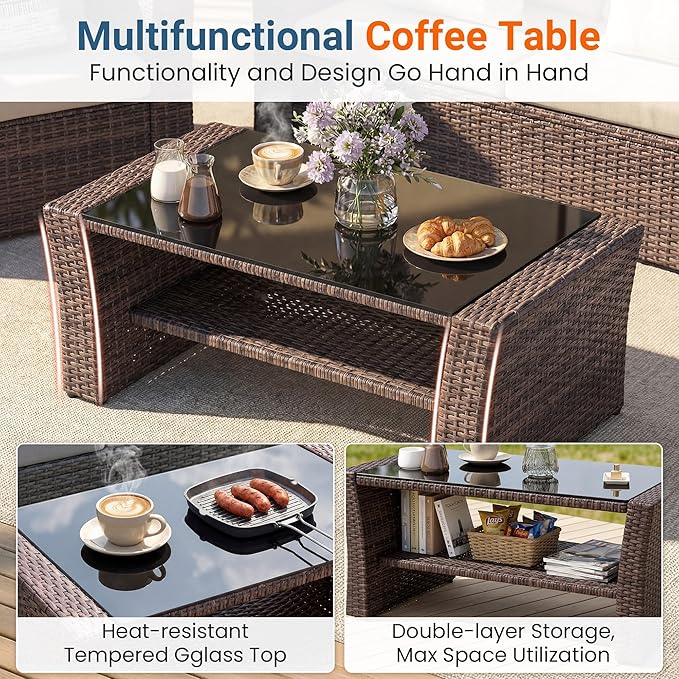 Wisteria Lane 4 Piece Patio Furniture Set, Wicker Outdoor Patio Conversation Furniture Set, All Weather Outdoor Patio Sofa with Cushion and Wood Table, Brown and Beige