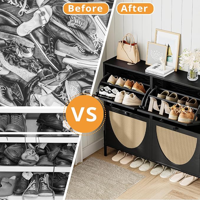 IRONCK Rattan Shoe Cabinet Storage with 4 Flip Drawers, Freestanding Shoe Storage Organizer Cabinet for Entryway, Narrow Shoe Rack Cabinet, Matte Black