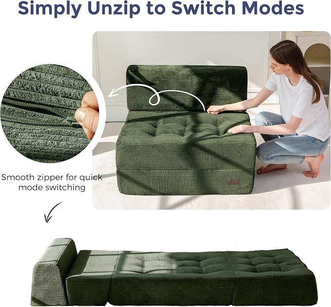 MAXYOYO 8" Folding Sofa Bed, Fold Out Chair Bed, Convertible Floor Sofa Couch, High-Density Foam Tufted Lounge Couch for Living Room Bedroom Dorm, Single, Dark Green