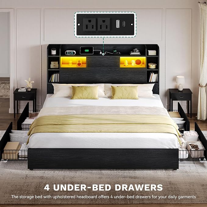 YITAHOME King Size Bed Frame with 51" Tall Bookcase Headboard and 4 Storage Drawers, RGB LED Bed Frame with Type-C & USB Charging Station Headboard Beds, No Box Spring Needed, Noise Free,Antique Black