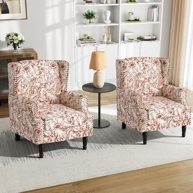 Pia Ricco High Back Floral Accent Chair - Retro Wingback Upholstered Armchair with Nailhead Trim, Solid Wood Legs, Fabric Living Room Bedroom Reading Chair (Rococo Orange)