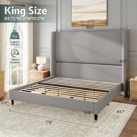 Jocisland King Size Bed Frame 51.2" Wingback Headboard Linen Upholstered Platform Bed,Solid Wood Legs & Wooden Slats,No Box Spring Needed,Noise-Free,for Family Master Suite Cozy Home,Light Grey