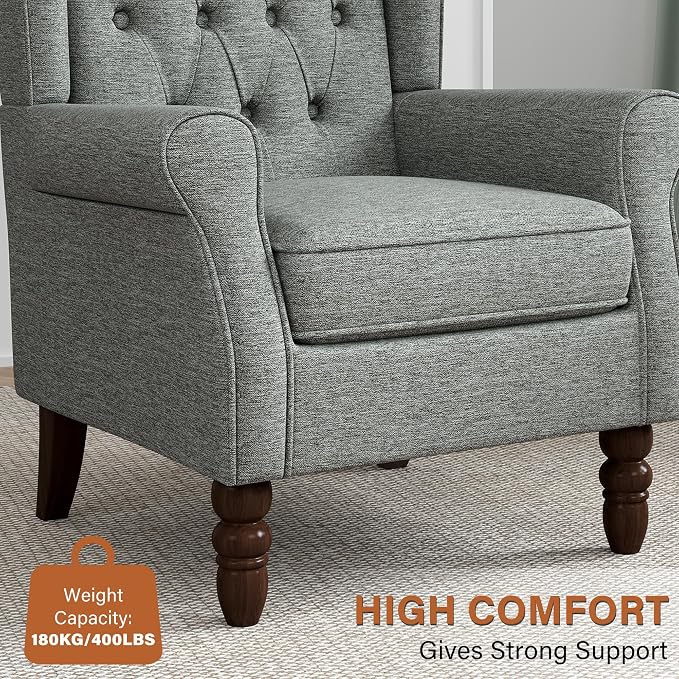 High Back Accent Chairs Set of 2, High Wingback Chair for Living Room, Button-Tufted Upholstered Fabric Armchair with Solid Wood Legs, Comfy Single Sofa Reading Chair for Bedroom, Gray