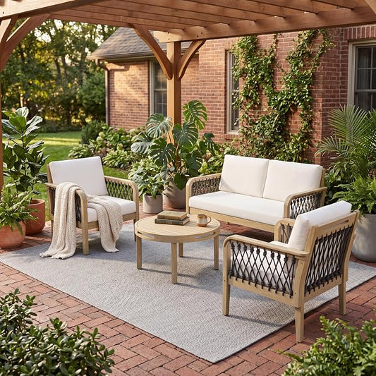 VilroCaz 4-Piece Acacia Wood Outdoor Patio Furniture Set with Loveseat, 2 Club Chair& Coffee Table, All-Weather Conversation Sofa Set with Rope Woven Armrests, Removable Cushions (Light Teak-N5)