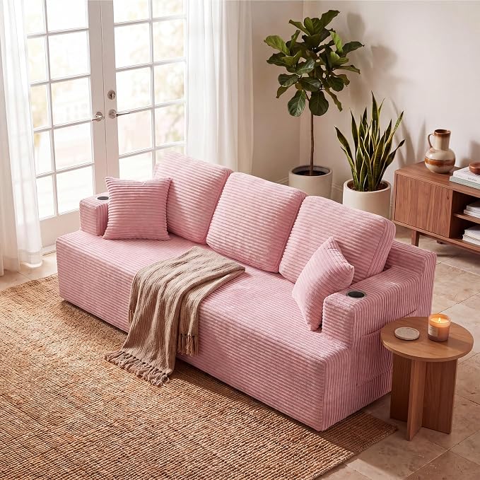 Homall 87” Boneless Sofa Couch with 2 Pillows Extra Deep Seats, Corduroy Fabric 3 Seater with Cup Holder & Storage Pocket Upholstered Floor Easy Installation (Pink, 3 Seater)