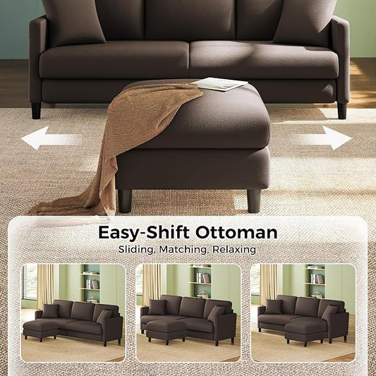 Welzona 83" Couches for Living Room, Teddy Sofa Couch with Storage Ottoman, L Shaped Couch with Movable Ottoman, Tool-Free Modular Sectional Sofa, All-Wood Sofas for Living Room 2 Pillows, Khaki