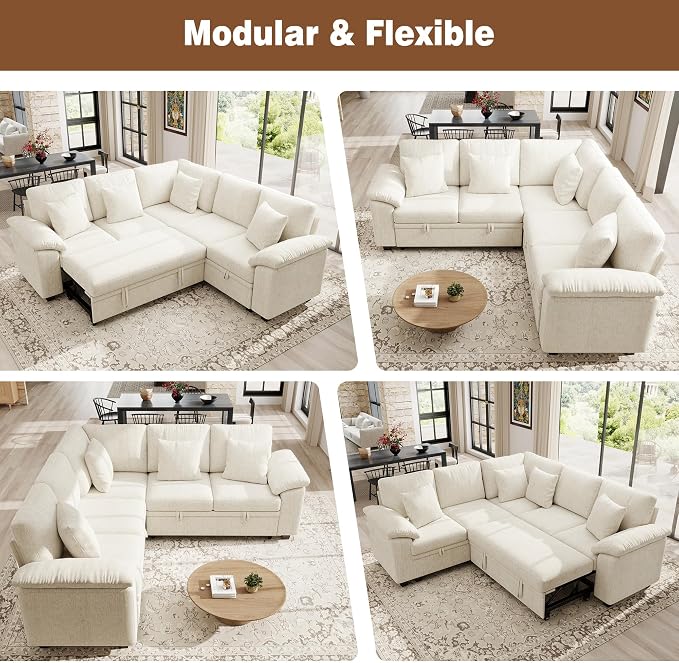 Ihanherry 86" Modular Sectional Sofa with Pull Out Bed, 5-Seater L Shaped Sectional Sleeper Couch with Storage, Chenille Convertible Couches for Living Room, Apartment (Beige)