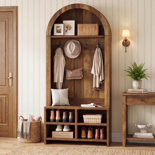 Tribesigns 70.8" Arched Coat Rack, 4-in-1 Hall Tree with Bench and Shoe Storage, Freestanding Coat Tree Rack with 4 Hooks & Adjustable Cubbies, for Mudroom, Entryway, Bedroom, Rustic Brown