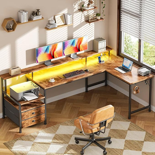 66'' L Shaped Desk with Power Outlets and USB-C Port, Reversible Office Desk with drawers and Storage Shelves, Computer desk with Led Lights and Host stand for Home Office, Gaming, Work, Rustic Brown