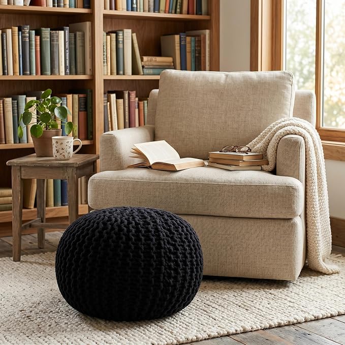 BIRDROCK HOME Round Pouf Ottoman Foot Rest - 18.5”x18.5”x15” Boho Compact Comfortable Soft Cotton Braided Foot Stool with Bean Bag Filling for Living Room, Bedroom, or Nursery (Black)