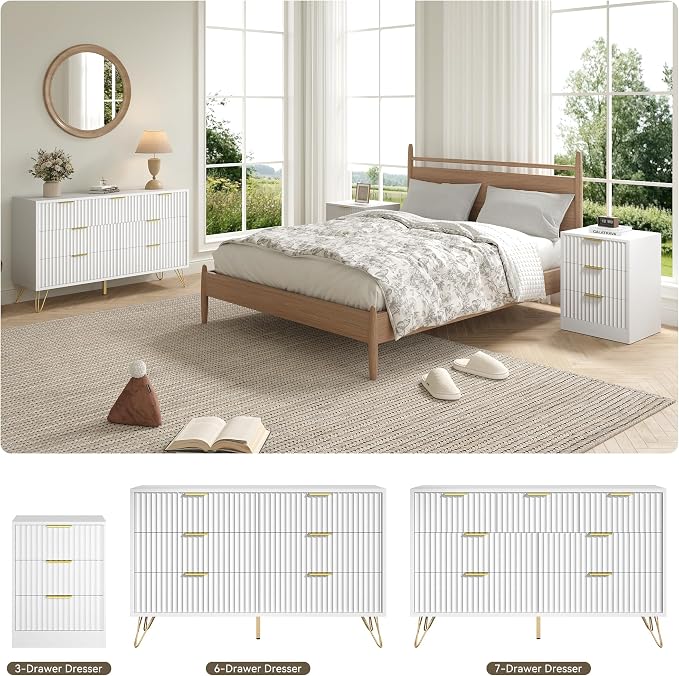 White Dresser for Bedroom, 7 Drawers Dresser with Golden Handles, Modern Wood Chest for Living Room, Hallway, Entryway