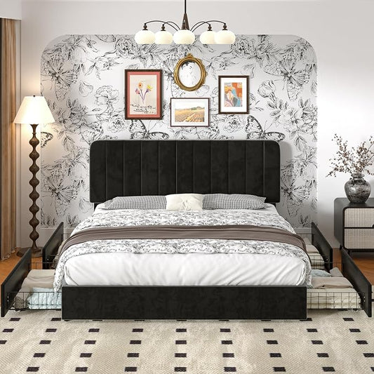 VECELO King Size Upholstered Bed Frame with 4 Drawers and Headboard, Velvet Platform Storage Bedframe, Wooden Slats Support, No Box Spring Needed,Black