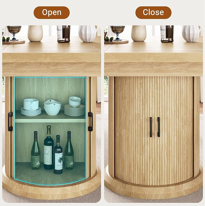 Jocoevol 47″–63″ Extendable Round Kitchen Dining Room Table for 4-6 with 2-Tier Storage Shelf Dust-Proof, Space Saving Expandable Wood Oval Circle Dinner Furniture with Pedestal Base (Natural Oka)