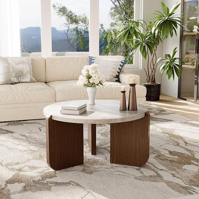 COSIEST Modern Round Coffee Table & Side Table Set, Faux Marble Wood Top, Walnut & Cream White Legs, Minimalist Living Room Center & Accent Table(2 PCS)