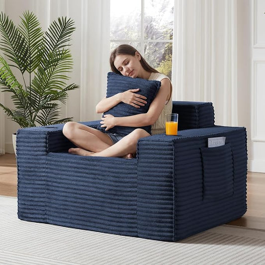 2 Pcs Living Room Cloud Sofa Set, Boneless Sofa Couches with Cup Holder and Side Pocket for Compact Living Rooms, Apartments (Blue, Single Chair + Loveseat)