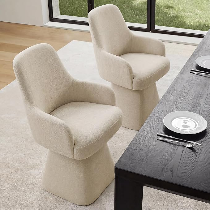 KISLOT Swivel Dining Chair Set of 1, Mid Century Modern Chair Fabric Upholstered Armchair with Armrest & Ergonomic Backrest for Dining Room, Kitchen, Bedroom, Living Room, Sand