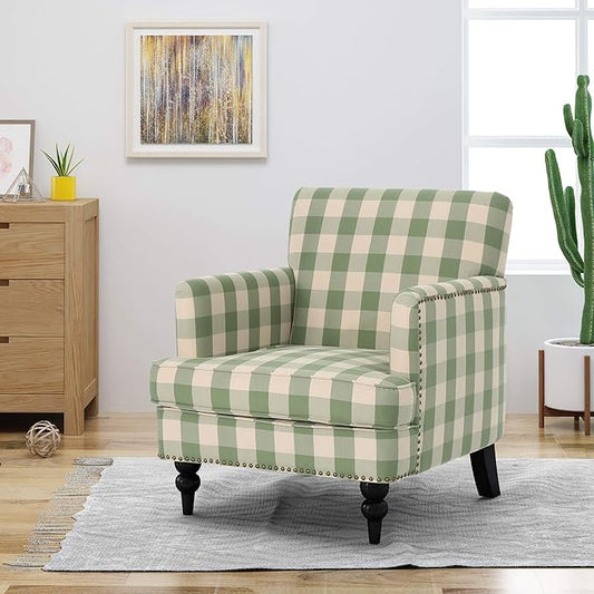 Christopher Knight Home Eve Modern Upholstered Club Chair, Wooden Living Room Accent Chair, Comfy Bedroom Reading Chair, Multifunctional Armchair, Green Checkerboard