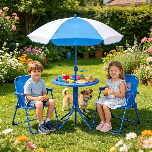 HONEY JOY Kids Picnic Table, Animal Themed Toddler Outdoor Table and Chair Set, 2 Folding Chairs & Removable Umbrella, Children Outdoor Furniture for Backyard Patio Garden (Blue Shark)