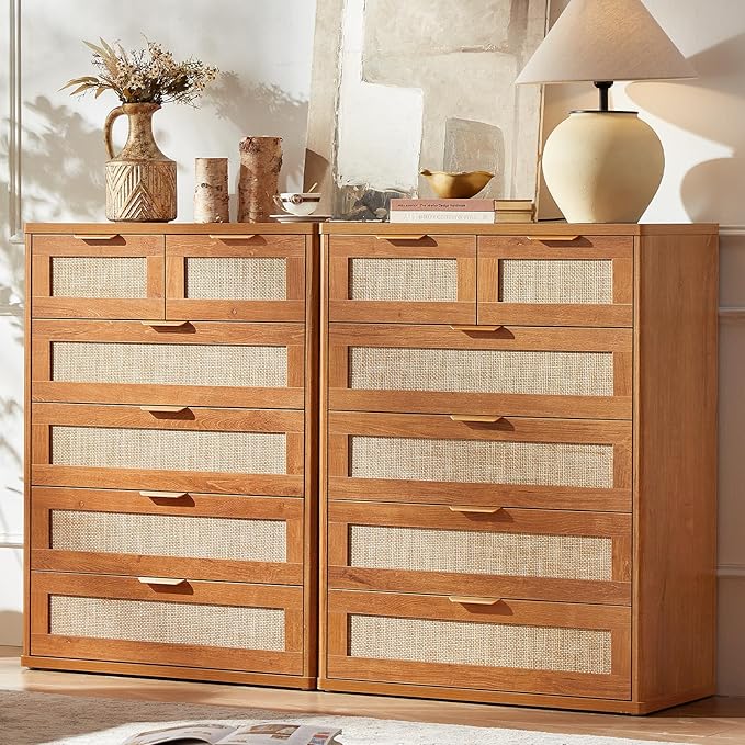 LEYAOYAO Rattan Dresser for Bedroom Set of 2, 41" Tall Chest of Drawers, Modern 6 Drawers Boho Dressers with Storage, Vintage Brown Dresser Wooden Closet Organizer for Living Room, Hallway