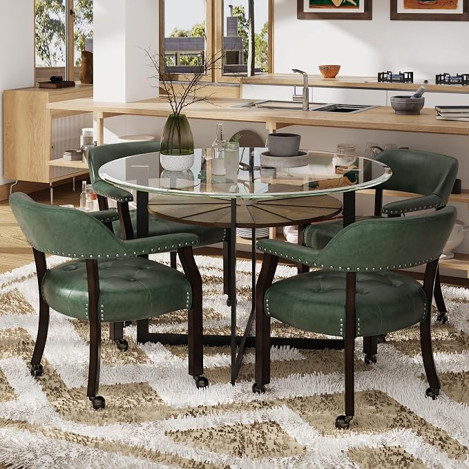 LEEMTORIG Large Dining Chairs with Casters and Arms, Rolling Dining Chairs with Wheels, Game Poker Table Chairs, Boss Caption's Chairs, 26"D x 25.2"W x 31.5"H, Espresso Legs & Green PU, XXY-1910-GN