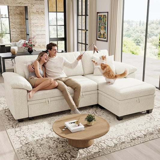 Ihanherry 86" Modular Sectional Sofa with Pull Out Bed, 4-Seater L Shaped Sectional Sleeper Couch with Storage Ottoman, Chenille Convertible Couches for Living Room, Apartment (Beige)