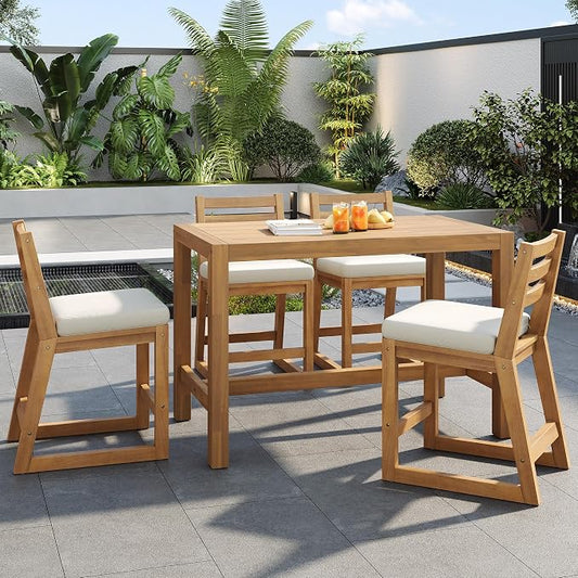 Quarte 5-Piece Acacia Wood Patio Bar Set, Rustic Outdoor Dining Table & Chairs, All-Weather Solid Wood Slatted Tabletop, Space-Saving for Garden, Patio, or Balcony (Light Teak-5)