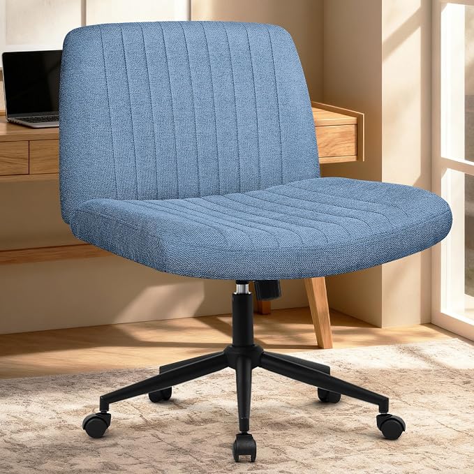 Orange Factory Criss Cross Chair Wheels Wide Cross Legged Office Desk Vanity Dual Base Comfy Fabric Armless Adjustable Swivel for Home Computer Task (Blue Dual Base, Fabric)