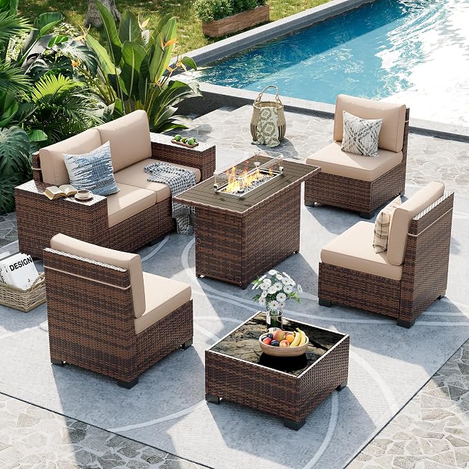 UDPATIO Patio Furniture Set with Fire Pit Table, 8 Inch Armrest 7 Piece Outdoor Sectional Sofas, All-Weather Wicker Conversation for Garden, Backyard, Brown/Khaki