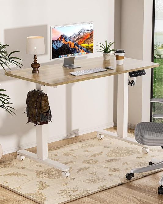 Okin Standing Desk Electric Adjustable Computer Whole Piece Stand up Desk with Wheels Office Gaming Home Office Memory Desks 48x24 inches Cream Pecans