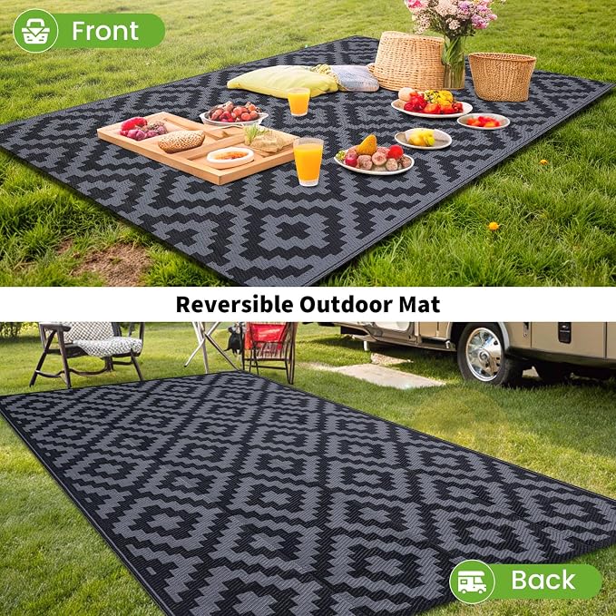 Smiry Waterproof Outdoor Rug 10X14 ft, Reversible Plastic Straw Patio Camping Rugs, Outdoor Indoor RV Mat Carpet for Patio, Outside Entry, Backyard, Deck, Bench, Picnic, Camper, Black & Grey