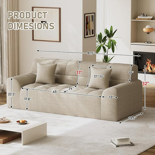 91.5" Modern Boneless Couch for Living Room, Comfy Cloud Sectional Sofa with Deep Seat, Chenille Love Seat Oversized Upholstered 3-Seater Sofa, No Assembly Required Tufted Sofas, Light Brown