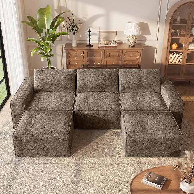 Vesgantti 114" Boneless Modular Sectional Sofa, Modern U Shaped 5 Seater Couch with 2 Ottoman & Deep Seat, Convertible Chenille Cloud Couches for Living Room, No Assembly Required, Dark Brown