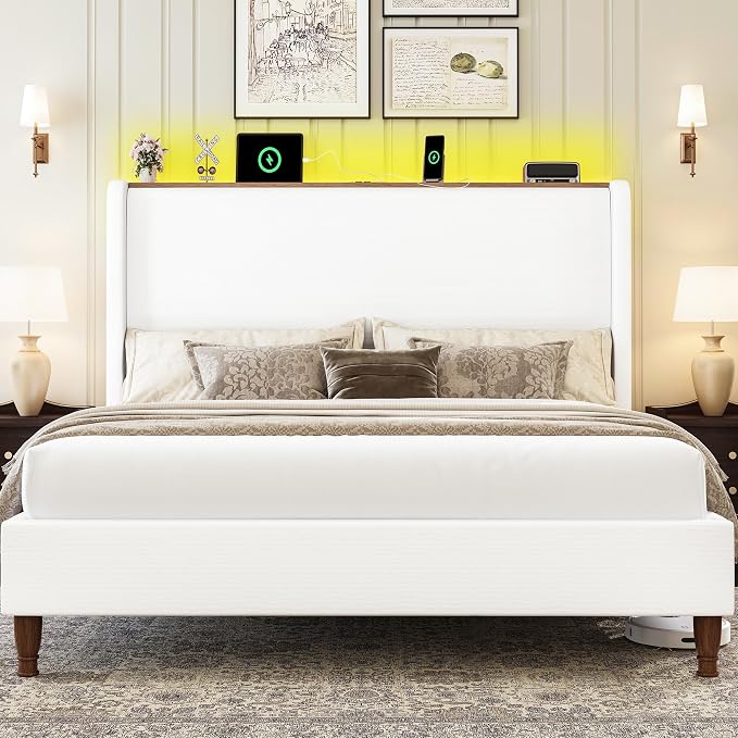 LARMACE Queen Size Bed Frame with LED Lights and Charging Station Linen Upholstered Platform Bed Frame with 51.2" Tall Headboard Wingback and Storage Shelf, No Box Spring Needed, Noise Free, Cream