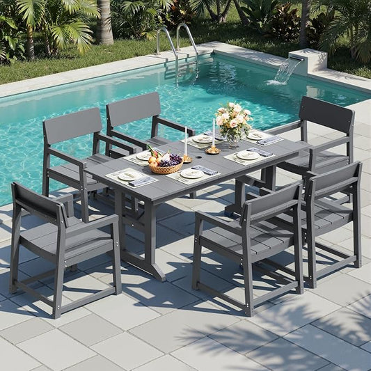 Shintenchi 7 Pieces Outdoor Dining Set,HDPE Outdoor Table and Chairs Set for 6,All Weather Patio Furniture Sets with Umbrella Hole,Modern Wooden Textured Dining Sets for Backyard,Garden,Dark Grey